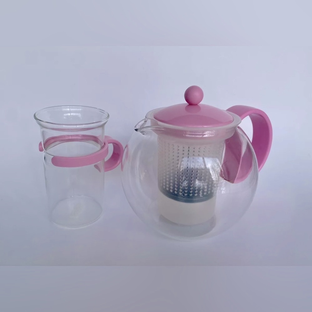 Bodum Assam Teapot Tea Press & 1 Mug Glass Pink Rose 70th Anniversary Edition